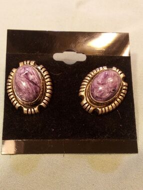 Purple Stone Oval Vintage-Style Clip Earrings